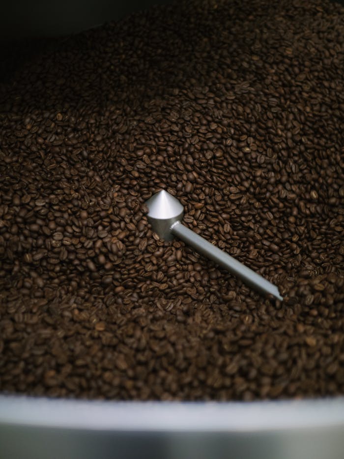 Close-up of aromatic coffee beans with a metal stirrer in a roasting machine.