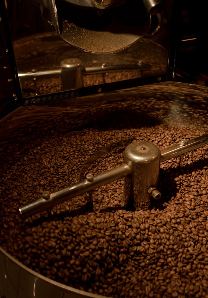 A detailed view of coffee beans roasting in a stainless steel machine under warm lighting.